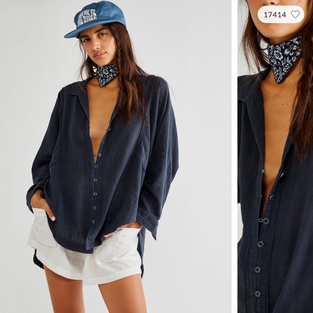 We The Free Navy Button-Front Blouse